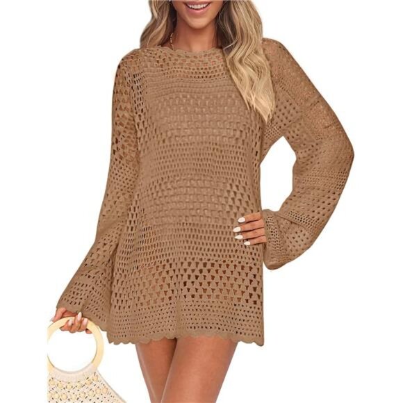 NEW -  Khaki Swimsuit Cover Ups Crochet‎ Knit Bathing Suit Swimwear - Picture 1 of 6